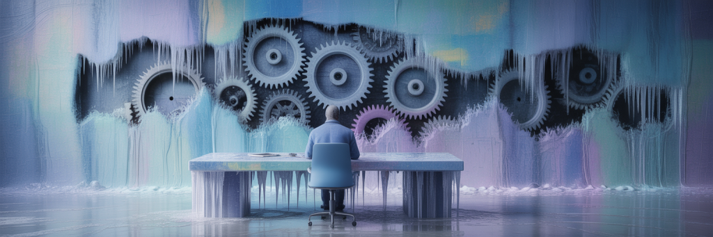 A worker sitting at a desk in an icy room with gears from the machine they are a part of grinding in front of them.